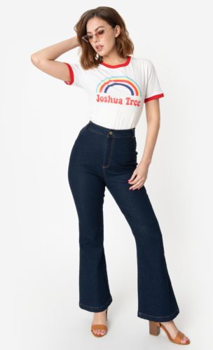 70s outfit with flare jeans and band t shirt graphic tee