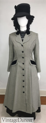 A1980s does late Victorian era herringbone coat outfit idea