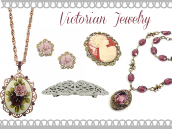 Victorian Costume Jewelry- Necklaces, Cameo Pins, Brooch, Earrings and more. Find these at VintageDancer.com/Victorian