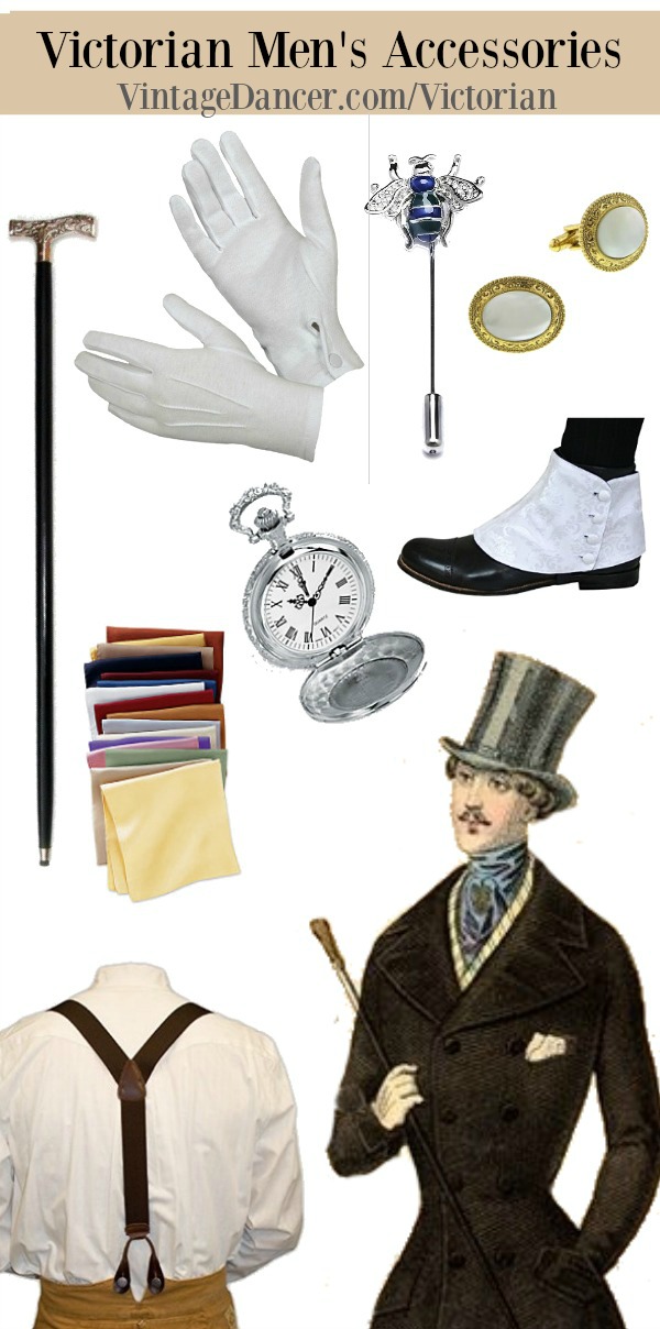 Victorian Men's Accessories Gloves, Spats, Cane, Watch