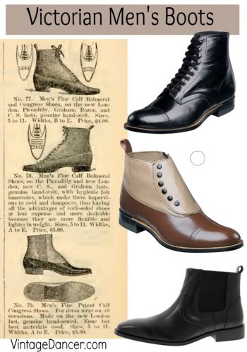 Victorian Men's Boots & Shoes. Classic Victorian era, civil War, Wild West gentlemen's boots in lace up, spat top, and pull on styles. Shop VintageDancer.com/Victorian