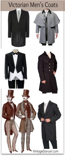 Victorian men's coats: Tailcoat, morning coat, great coat, frock coat, and sacks. At VintageDancer.com/Victorian
