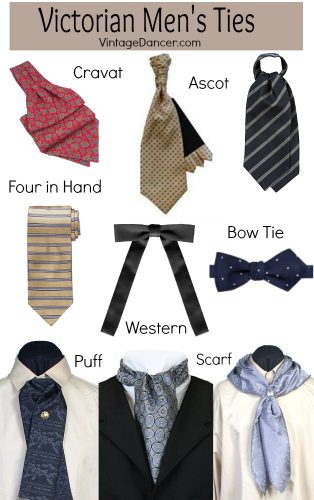 Common Victorian mens ties: cravat, ascot, western bow tie, puff tie, neck scarf and long tie called a four in hand. Find these at VintageDancer.com