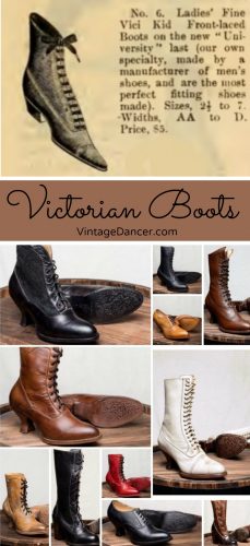 Victorian Boos: black, brown white lace up boots and shoes at VintageDancer.com