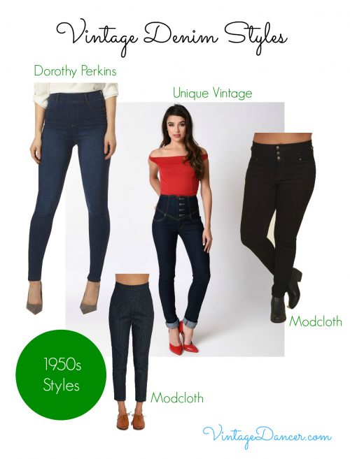 To evoke a 1950s style, wear high waisted slim cut jeans with a knit top or sweater.
