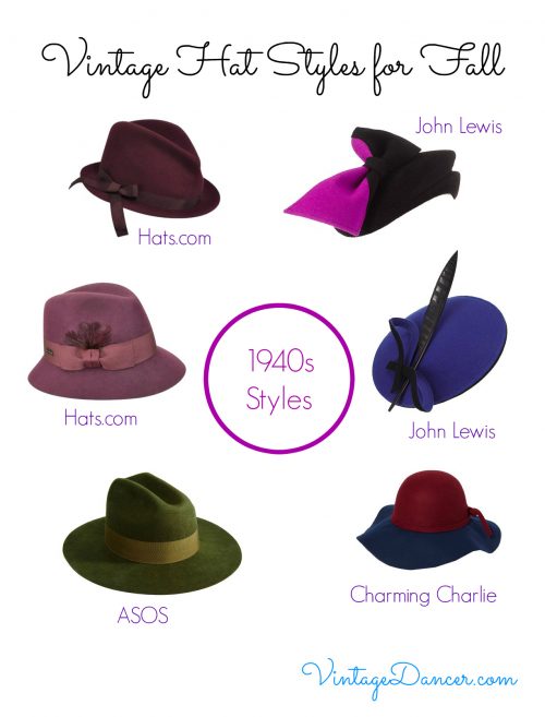 Hat styles of the 1940s varied wildly - from masculine fedoras, to wide brimmed halo hats.