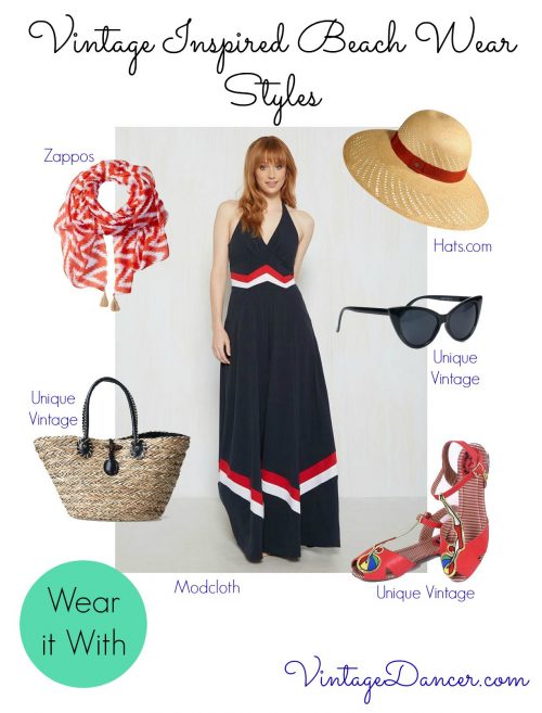 Vintage beach clothing ideas. Begin with a jumpsuit and add summer accessories. 