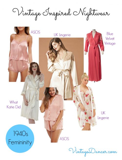 Nightwear of the 1940s was subtly feminine, in shades of tea rose, creams and florals.