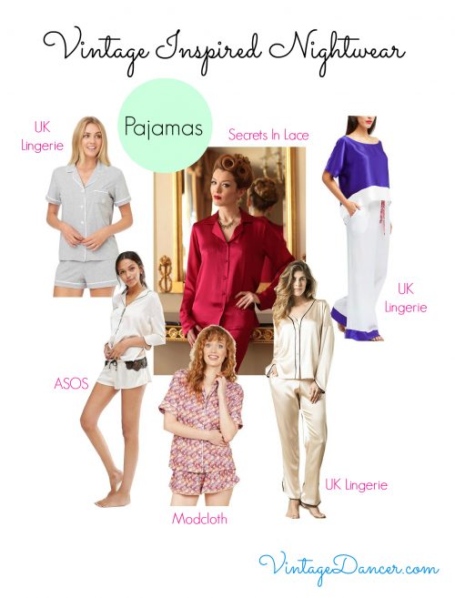Various styles of vintage inspired pajama sets available to buy today.