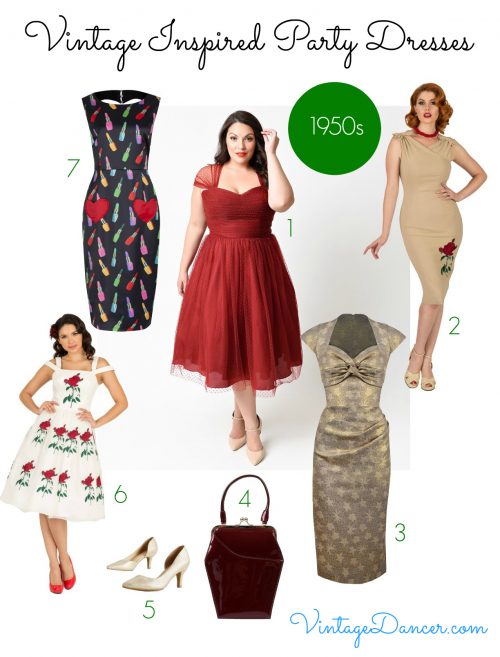 Fabulous vintage inspired party dresses of the 1950s featured feminine silhouettes. 