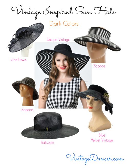 Vintage style hats: Black wide brim sun hats paired with white or cream dresses for a late 1940s to mid 1950s style. 