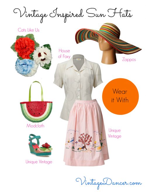 Vintage inspired summer fashion idea: Team a bright, bold sun hat with a vintage novelty print skirt. Add flowers to the hairline, a cute blouse and you are good to go!