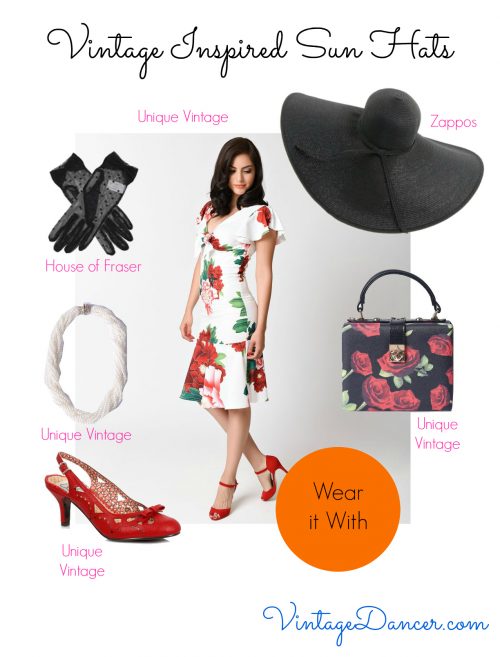 Create a 1950s inspired look with a dark sun hat and fitted dress. Sophisticated summer to fall vintage fashion. 