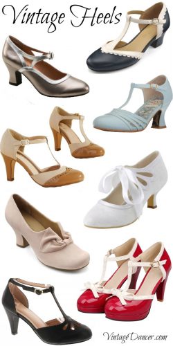 Vintage heels, retro heels and pumps shoes. Classy mary janes, T strap, oxford, high and low heels in the style sof the 1920s,1930s,1940s,1950s,and 1960s. Find them at VintageDancer.com