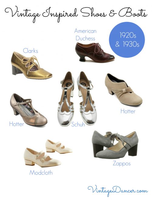 Choose from these vintage inspired women's heels for a 1920s or 1930s style.