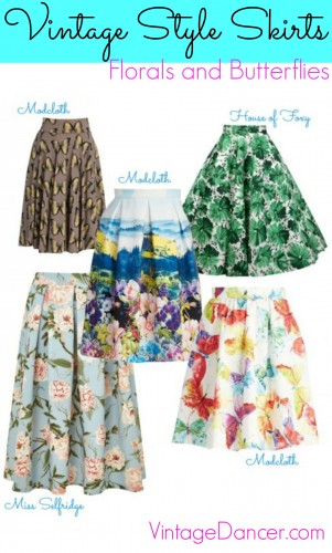 Vintage style skirts for spring in floral and butterfly prints. So cute! Shop at VintageDancer.com