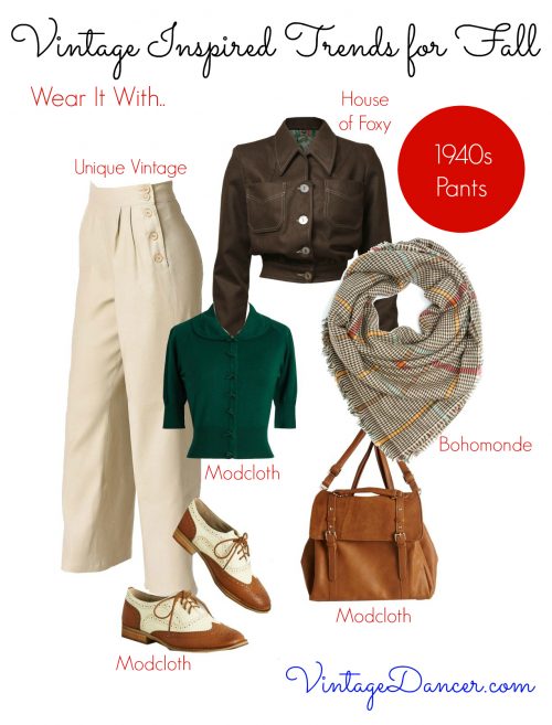 Create a 1940s look with a pair of wide leg pants, vintage style sweater or jacket, scarf, oxford shoes and bag in earth tone colors. 
