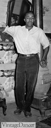 1930s men's corduroy work pants black man working class white shirt