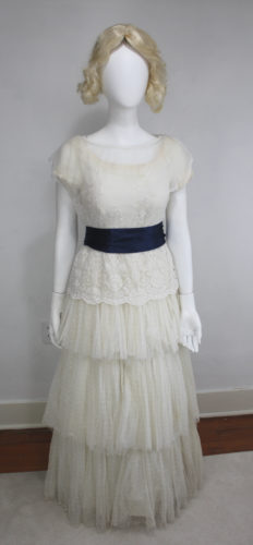 Titanic white tea dress using layers (tiered dress, lace blouse and blue sash)