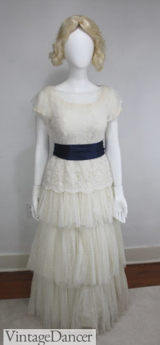 1915 DIY cream white tea dress with blue sash