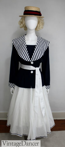 1916 sailor nautical striped vacation dress outfit DIY Outfit with boater hat and loose sash belt