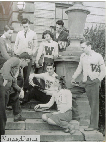 Warren G. Harding High School students, Warren, Ohio, wearing 1950s varsity and cheerleader sweaters