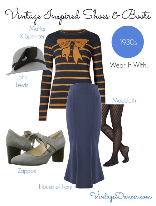 Create a 1930s look with these heels from Zappos. Team with a knit sweater and calf length skirt, finishing the look with a cloche hat.