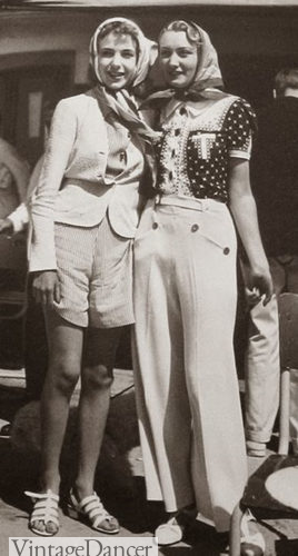 1930s women Shorts or pants with a blouse, blazer and headscarf. 1930s outfits at VintageDancer