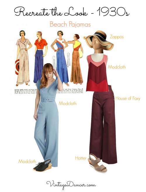 1930s beach pajamas with wide legged trousers and jumpsuits- an easy vintage summer outfit. 
