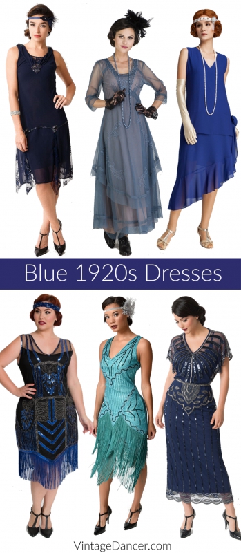 Shop blue 1920s dresses, navy blue flapper dresses and teal blue Gatsby dresses at VintageDancer