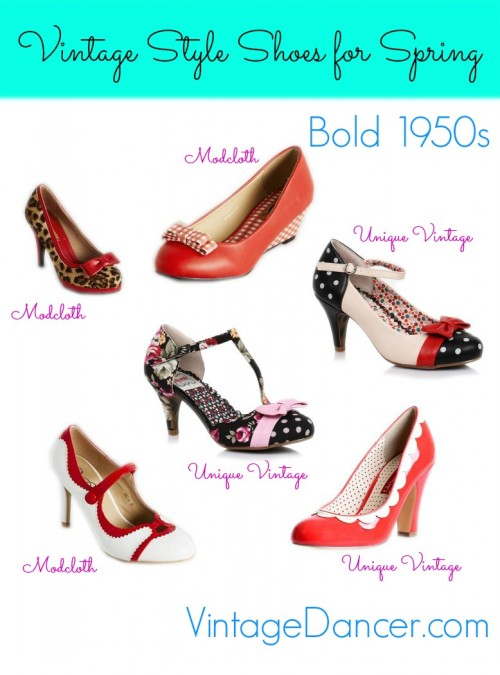 Vintage style shoes: Embrace bright, bold shades with these 1950s inspired shoes at VintageDancer.com