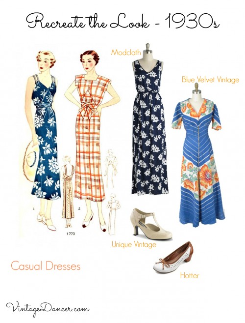 1930s house dresses, summer dress outfits with shoes. Click to get the look. 