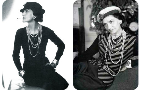 Coco Chanel wearing pearls. Coco Chanel is credited with many fashion trends in the 1920s