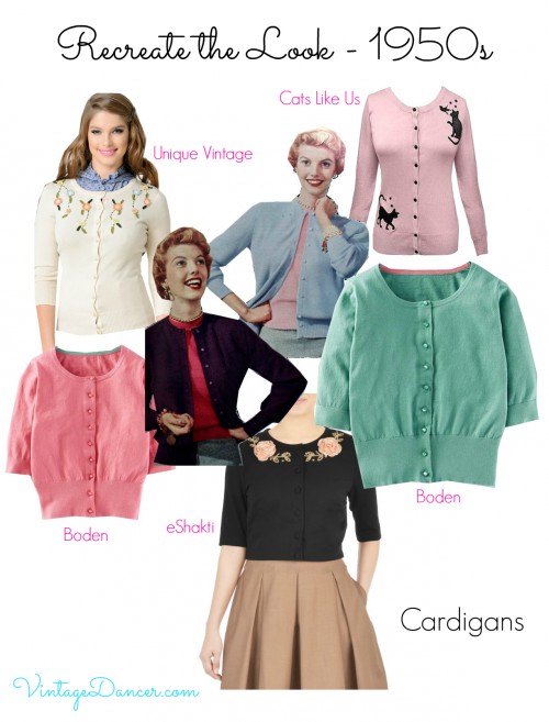 Look out for cropped cardigans sitting just on or below the waistline for a great 1950s style