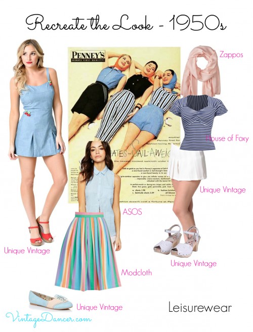 Mix and match some co-ordinating pieces for a perfect 1950s leisurewear style. A one piece romper, shorts or skirt paired with a striped top and sandals means you are ready for summer. VintageDancer.com/1950s