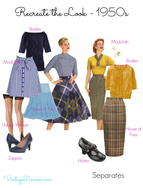 Choose a pencil skirt or a full skirt with a nipped in waist for a smart 1950s style