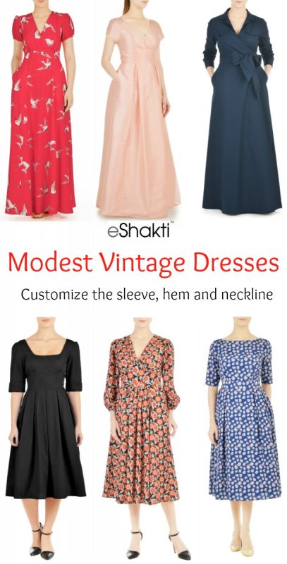 Modest Vintage Style Dresses: At eShakti you can customize the sleeve length, hem length and neckline shape to make the more or less modest. XS to 6XL . Learn about more modest vintage style dresses at VintageDancer.com