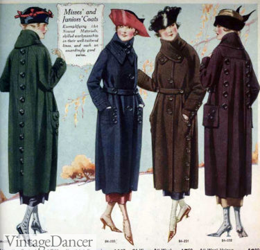 1920 Coats with large buttons, narrow belts and oversized cross front collars
