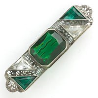 1920s Art Deco Brooch Pin Emerald, Crystal & Filigree Brooch by Ostby & Barton