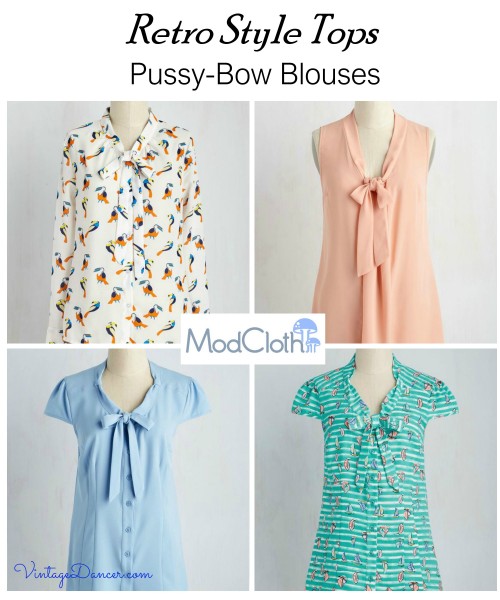 Retro vintage blouses. A selection of pussy bow blouses available from Modcloth