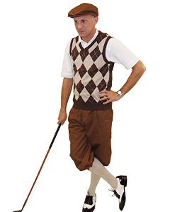 Brown golf knickers, argyle vest, tall socks, flat cap and two tone shoes. 1920s perfection!