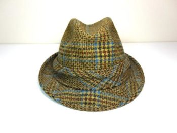 Brown, green, and blue plaid Stetson hat with a heavy "burlap" tweed texture