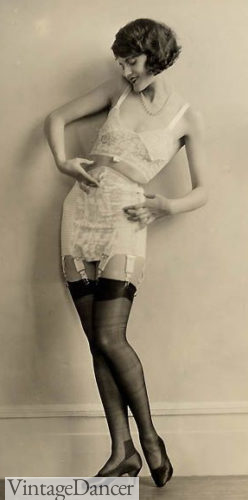 1920s Stockings held up with garter clips attached to a girdle