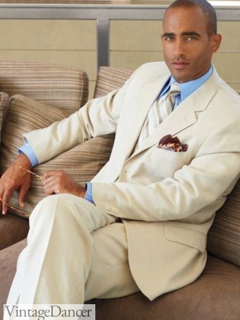 1920s men clothing brands and stores, Men's ivory suit from Paul Fredrick is 1920s summer fashion