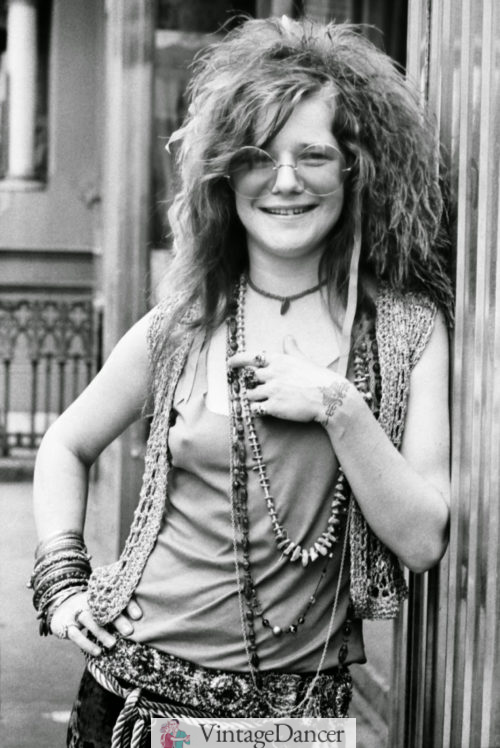 Janis Jopin in hippie bohemian clothing in the late 1960's