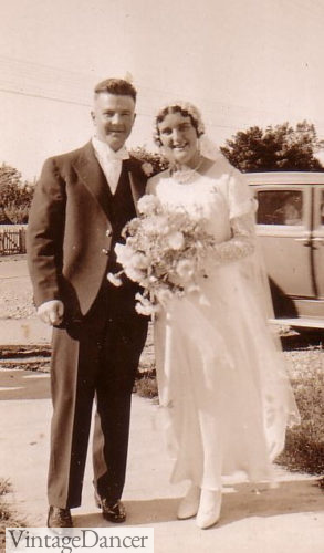 1932 bride in handmade modest dress (possibly upcycled from previous family wedding)