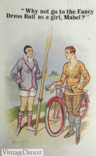 Poking fun at the masculine outfits including tall sport socks at VintageDancer