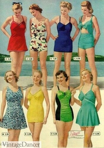Late 1930s swimsuits. Notice more raching at the bust, wider skirts, and a bit of tummy showing in the upper right.