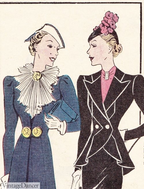 This illustration from 1937 shows geometric lines, with simple clips or brooches adorning the necklines.