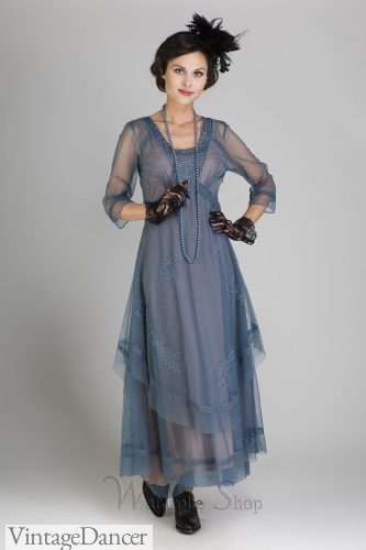 1920s tea party outfit, afternoon dress in blue at Vintagedancer.com